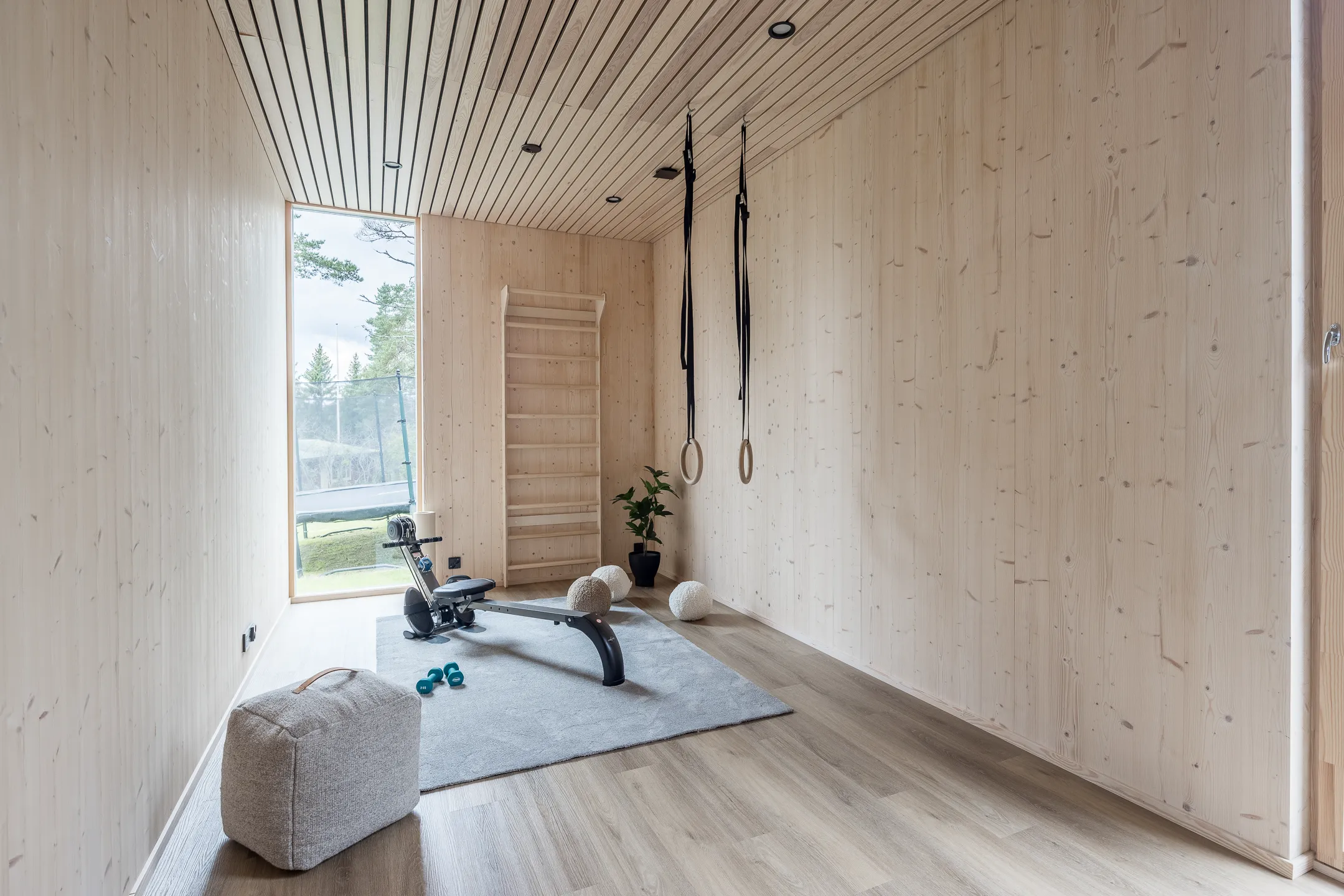 Vaalea puuhuone, jossa on kuntoiluvälineitä, kuten soutulaite, voimistelurenkaat ja seinätikkaat. Huoneessa on suuri ikkuna ja harmaa matto.