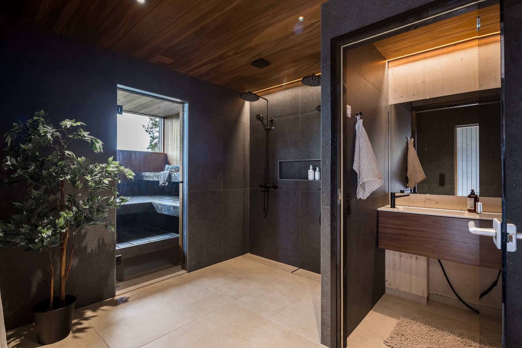 Moderni kylpyhuone, jossa on tummat seinät, puinen katto, suihku, sauna ja pesuallas. Kasvi tuo tilaan eloa. Valoisa ja tyylikäs.