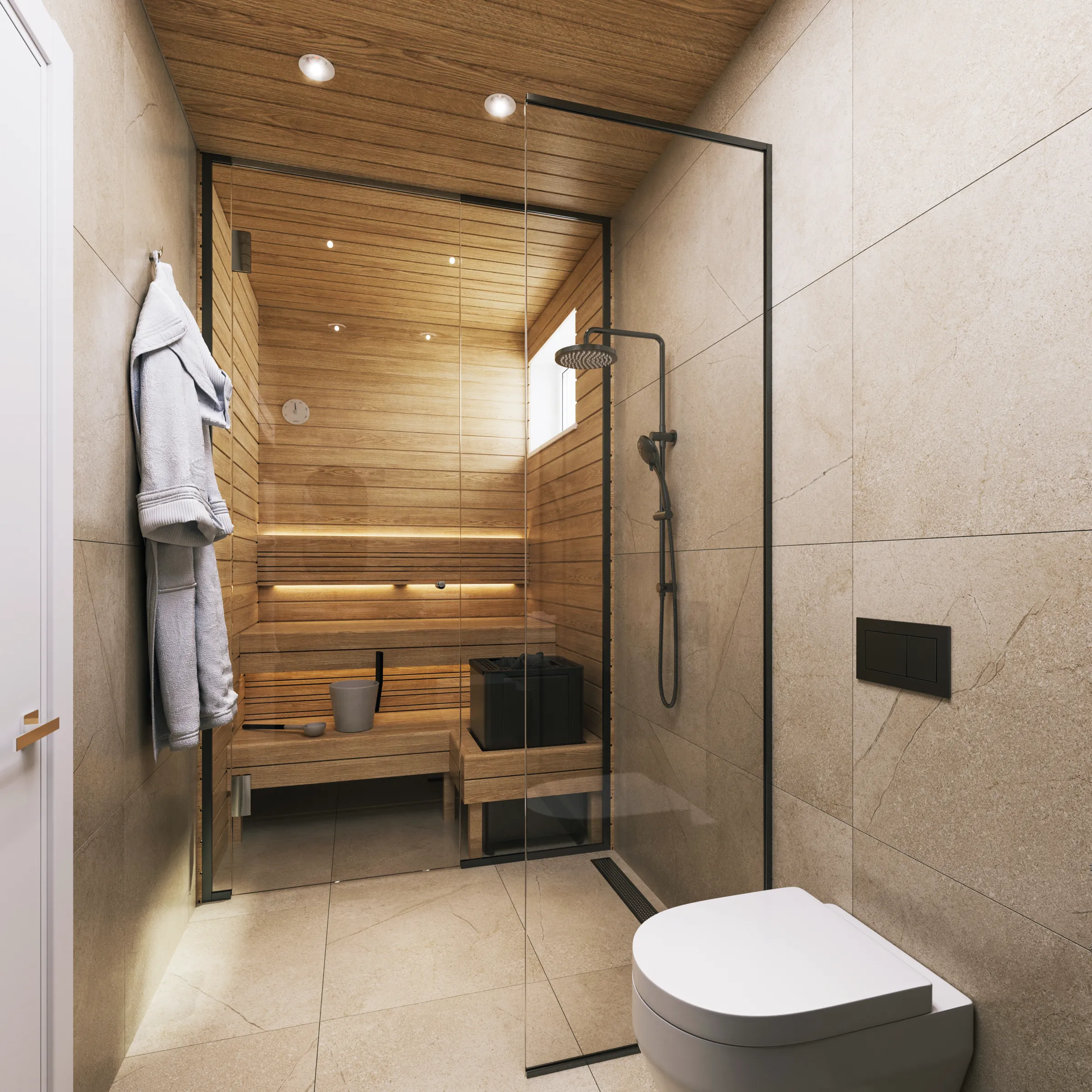 Moderni kylpyhuone, jossa on sauna lasiseinällä, beigejä laattoja, puinen katto ja valkoinen wc-istuin.
