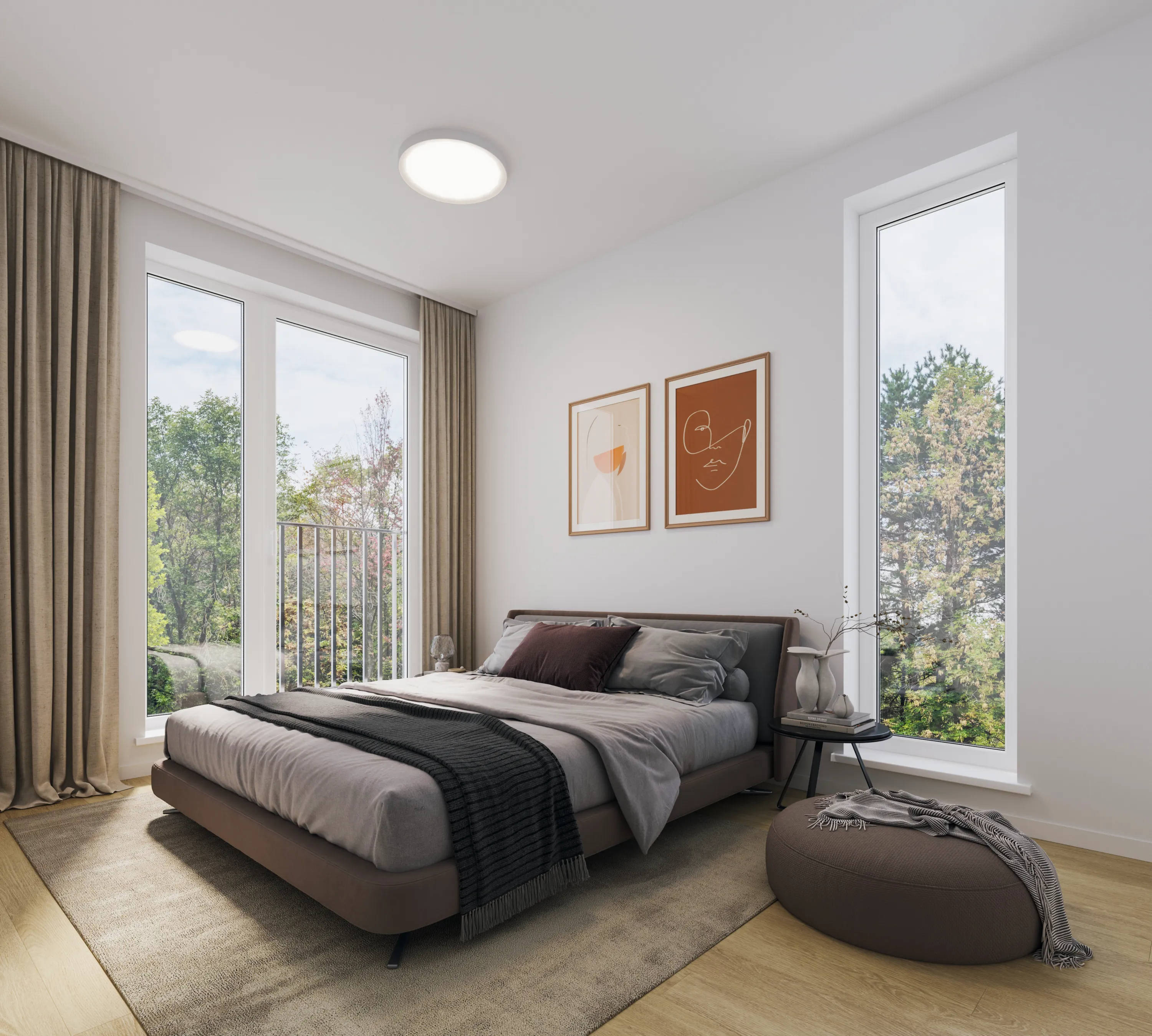 Makuuhuoneessa on ruskea sänky, harmaa päiväpeitto, kaksi taulua seinällä, ikkunat ja ruskea rahi.