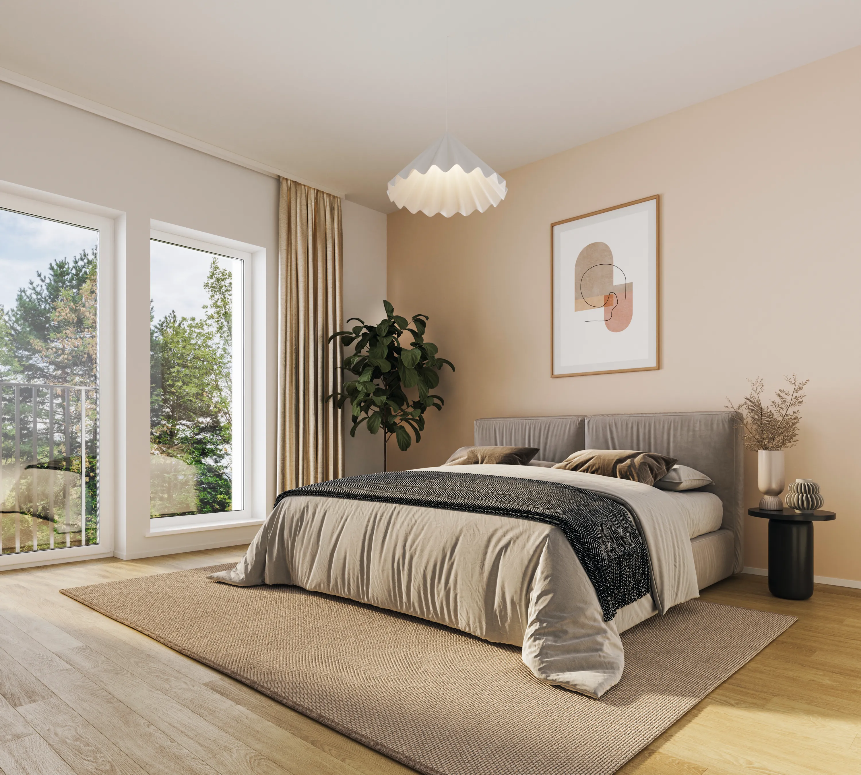 Makuuhuoneessa on sänky, matto, kasvi, taulu ja yöpöytä, valoisa ja rauhallinen tunnelma.