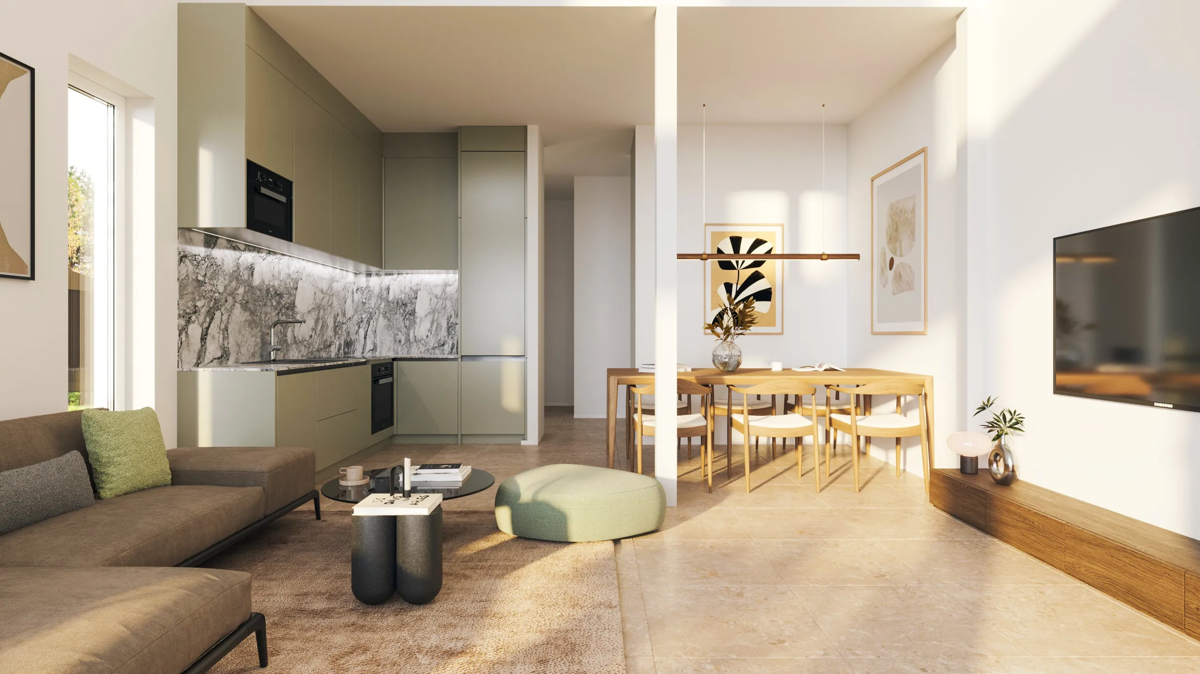 Moderni olohuone, jossa vihreä keittiö, puinen ruokapöytä ja ruskea sohva, valoisa ja tyylikäs sisustus.