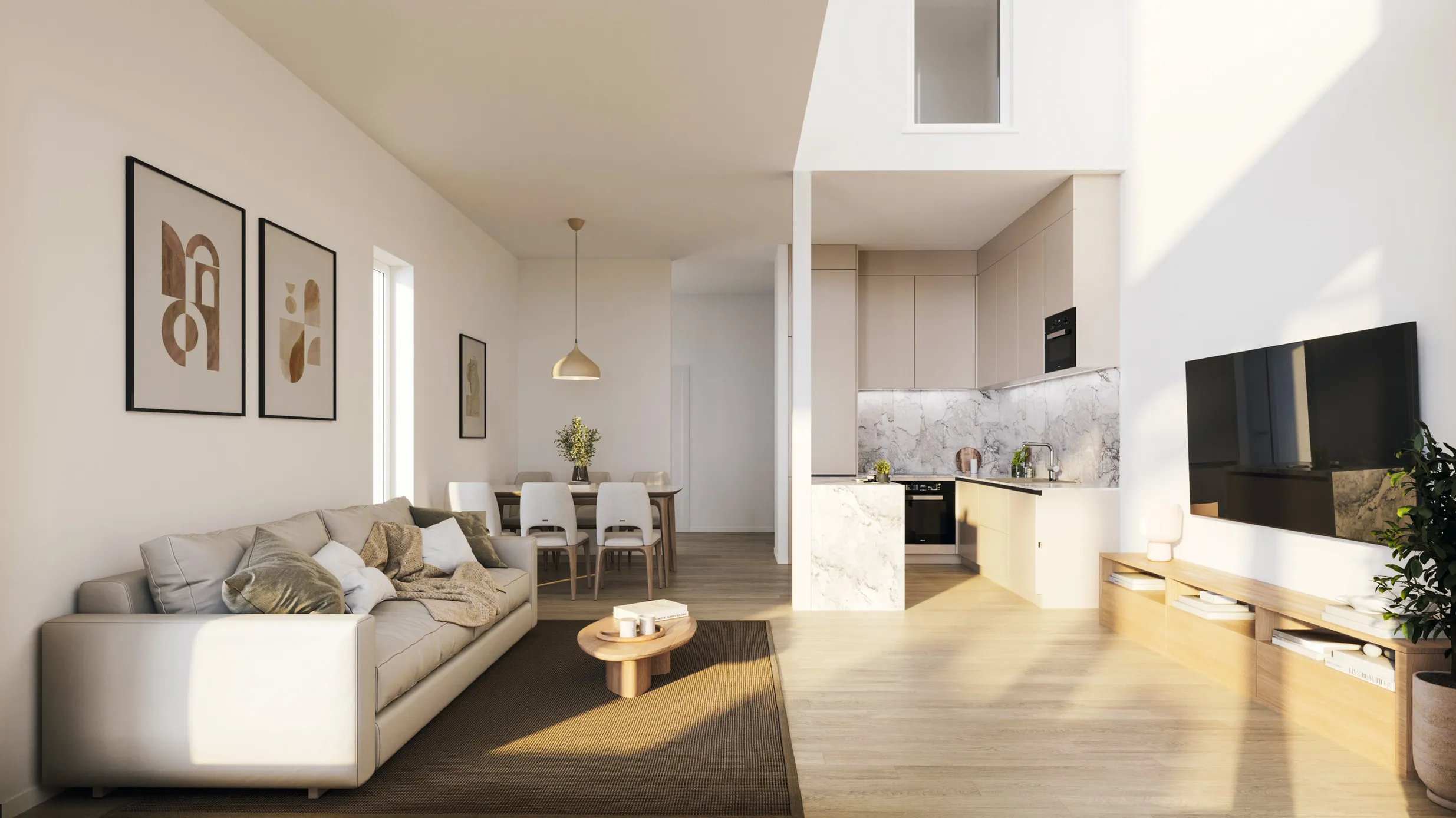 Valoisa olohuone, jossa beige sohva, ruskea matto, puinen sohvapöytä, tauluja seinällä, ruokapöytä ja keittiö marmoritaustalla.