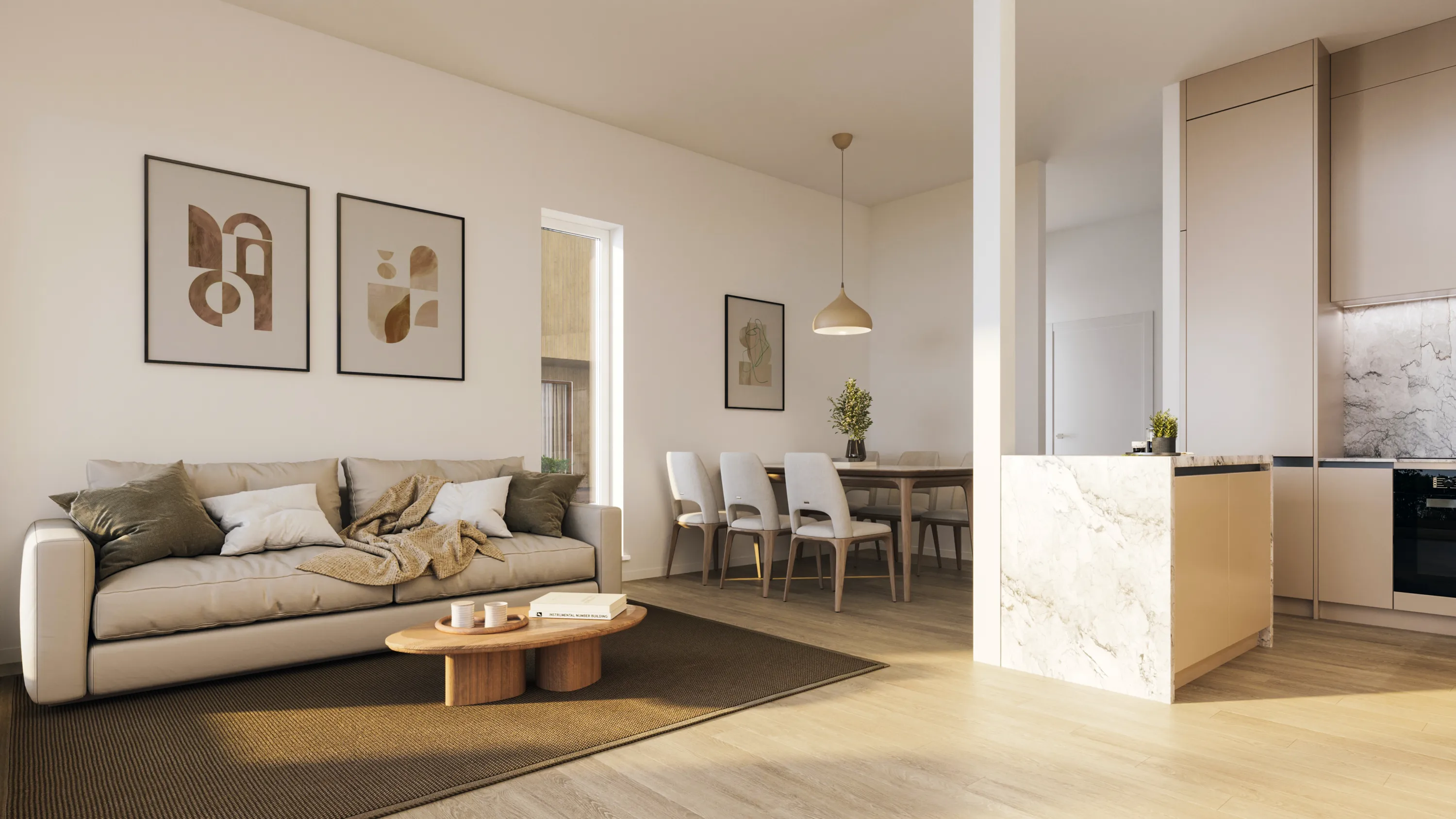 Valoisa olohuone, jossa beige sohva, puinen sohvapöytä, ruskea matto, kaksi taulua seinällä ja avokeittiö marmoritasolla.