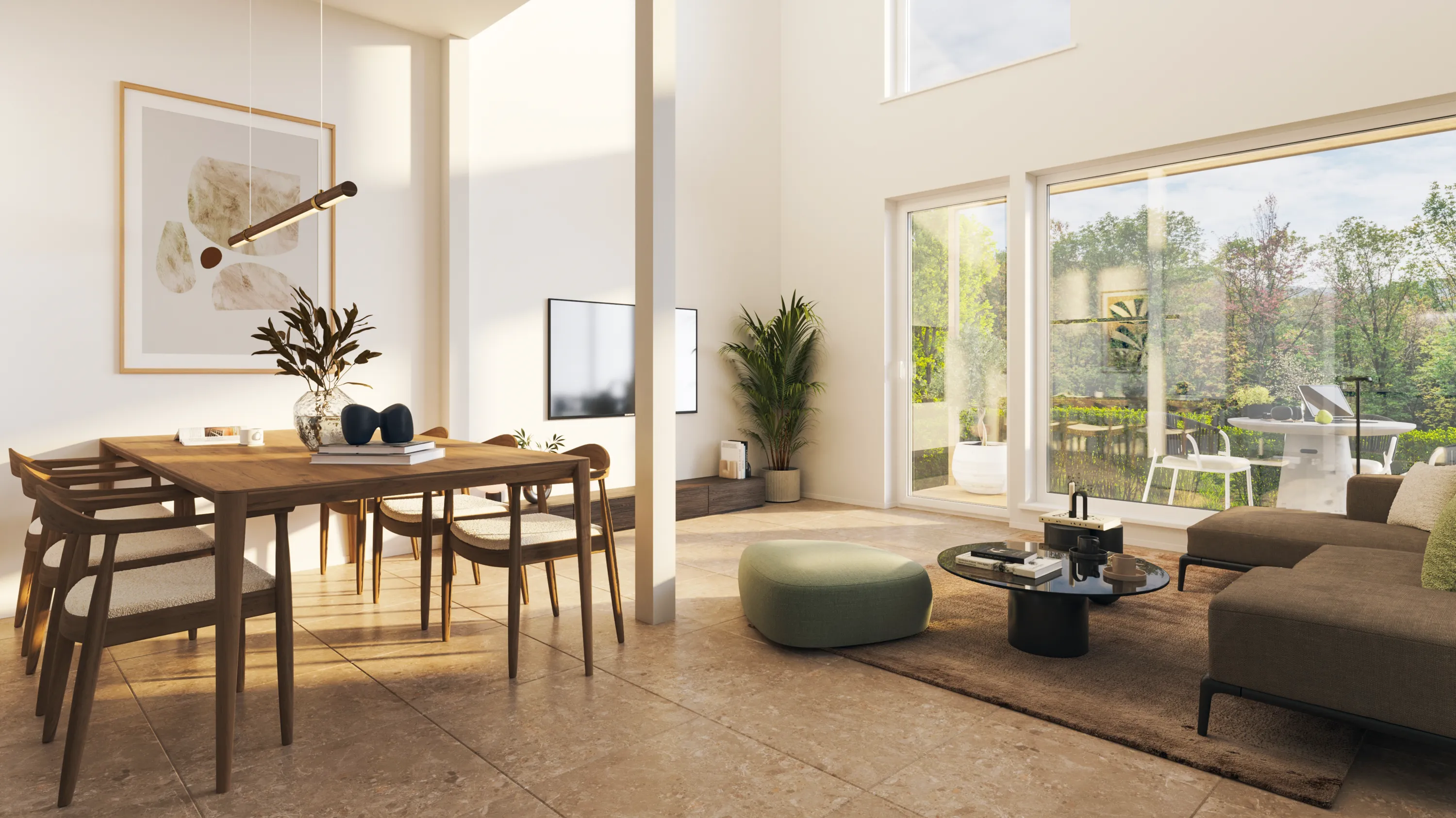 Valoisa olohuone ruokapöydällä, sohvalla ja viherkasveilla, suuret ikkunat tuovat luonnonvaloa.